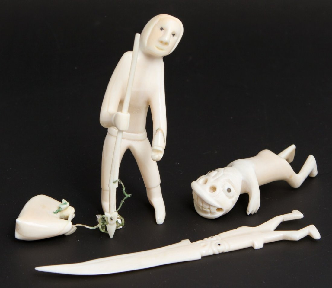 3 GREENLAND INUIT TUPILAK CARVED IVORY FIGURES: 3 GREENLAND INUIT TUPILAK CARVED IVORY FIGURES All figures carved from whales teeth. A native Inuit hunter with spear and bag. 4.5" A native Inuit Tupilak spirit figure. Does not stand up. 3.5", Lette