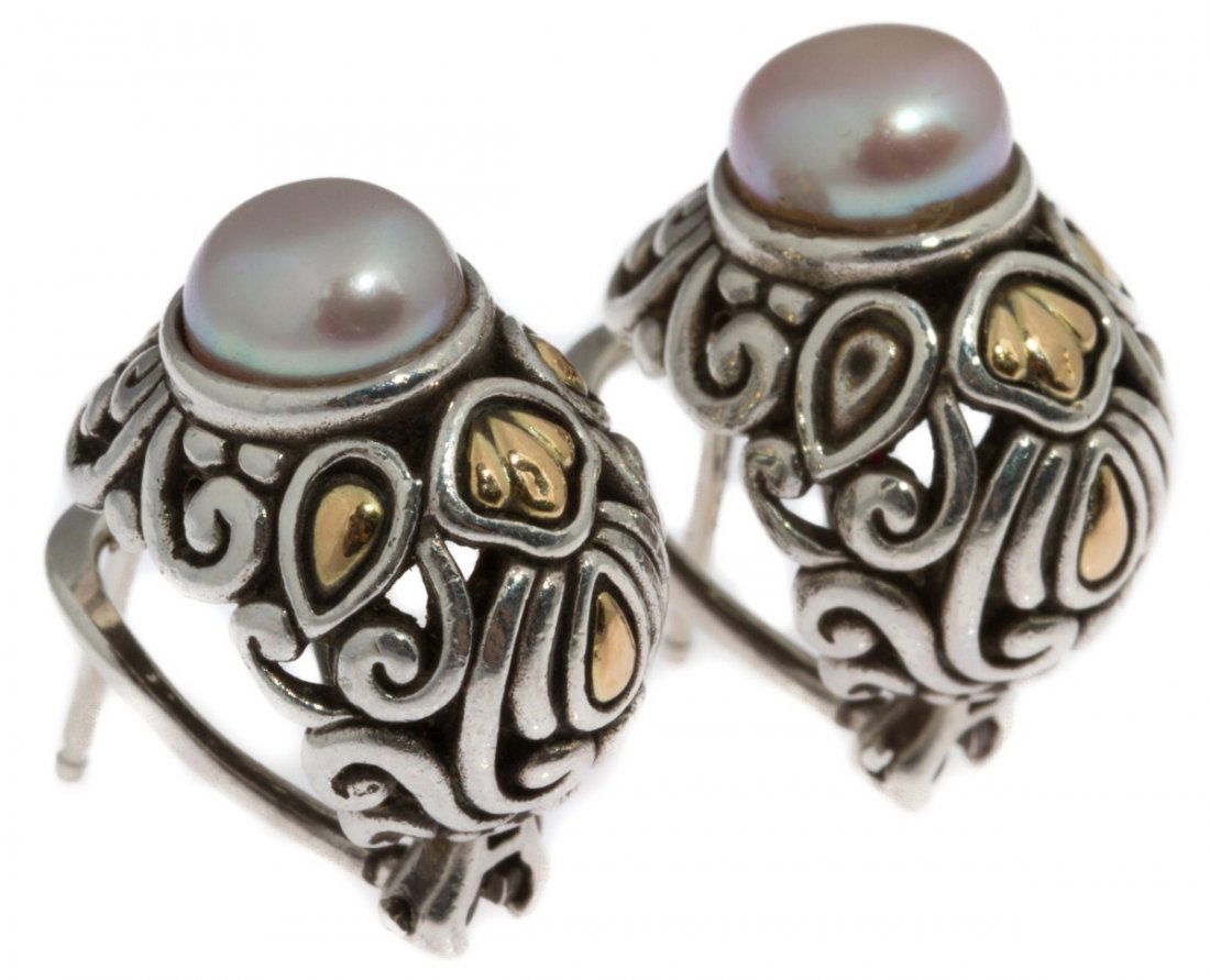 JOHN HARDY STERLING & 18K PEARL EARRINGS: JOHN HARDY STERLING & 18K PEARL EARRINGS John Hardy sterling silver and 18K yellow gold pearl earrings. Weight: 11.9g Size: 0.75"