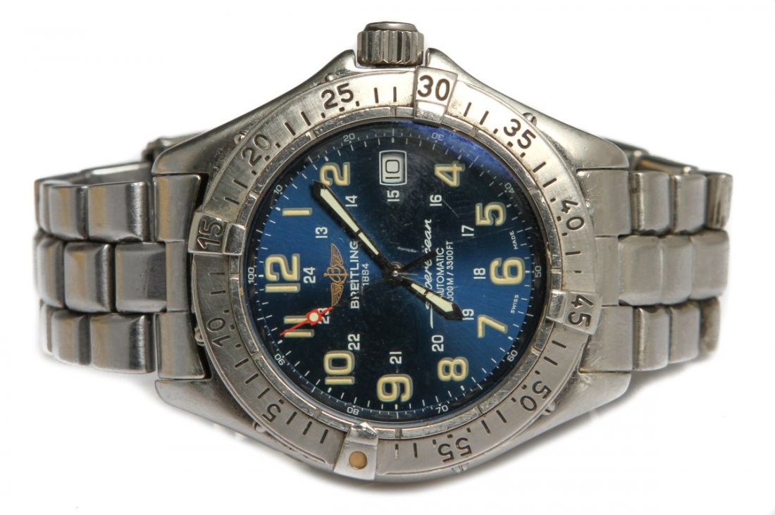 MENS BREITLING STAINLESS STEEL COLT SUPEROCEAN: MENS BREITLING STAINLESS STEEL COLT SUPEROCEAN Case: 42 mm diameter, polished stainless steel. Crown: screw-locked double water tightness protection. Bezel: Brushed steel, detached ratchet. Crystal: M