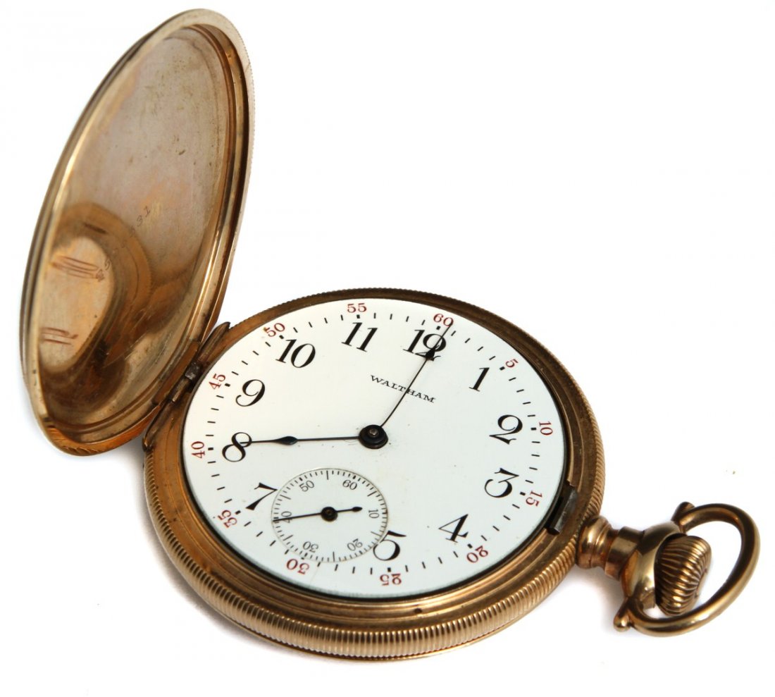 GOLD FILLED HUNTER CASE WALTHAM POCKET WATCH: GOLD FILLED HUNTER CASE WALTHAM POCKET WATCH Gold filled hunter case Waltham pocket watch. 9 oclock hinge position, 3 oclock stem. Stem wind and set. Black Arabic numerals with red second markers on w