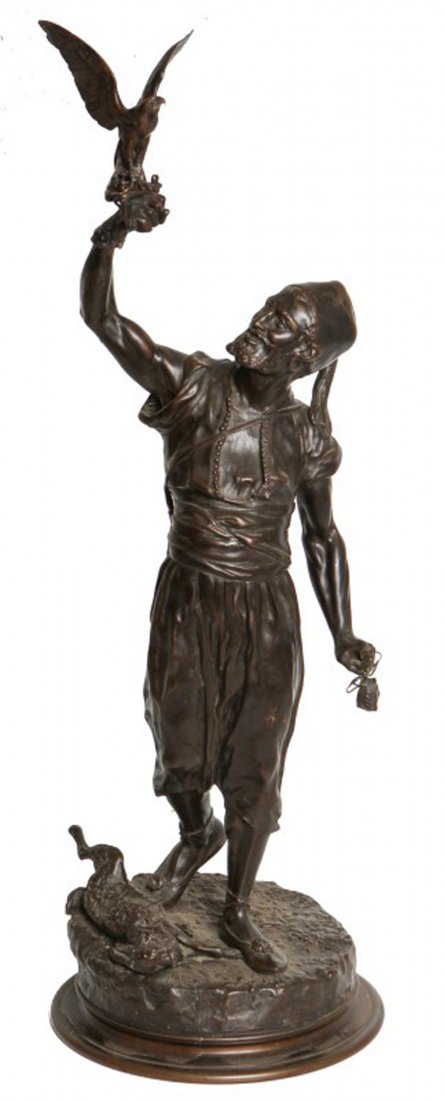 1873 PJ MENE BRONZE STATUE MAN WITH FALCON: 1873 PJ MENE BRONZE STATUE MAN WITH FALCON Late 19th century Pierre Jules (P.J.) Mene (1810 - 1879) bronze of a man with falcon. Size: 26"
