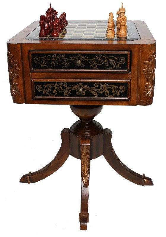 GLASS OVER WOOD FOOTED CHESS TABLE SET