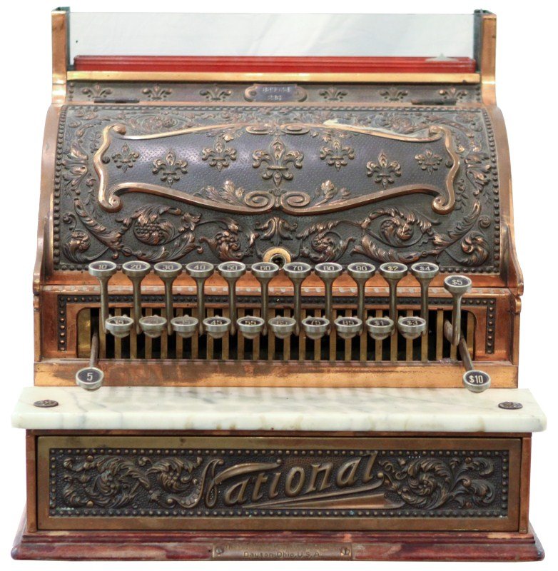 NATIONAL BRASS CASH REGISTER NO. 236: NATIONAL BRASS CASH REGISTER NO. 236 Model # 236, Serial No. 889538, National cash register. Ornate brass cabinet and marble cash drawer shelf. Needs repair. Size: 15"d, 16.25"h