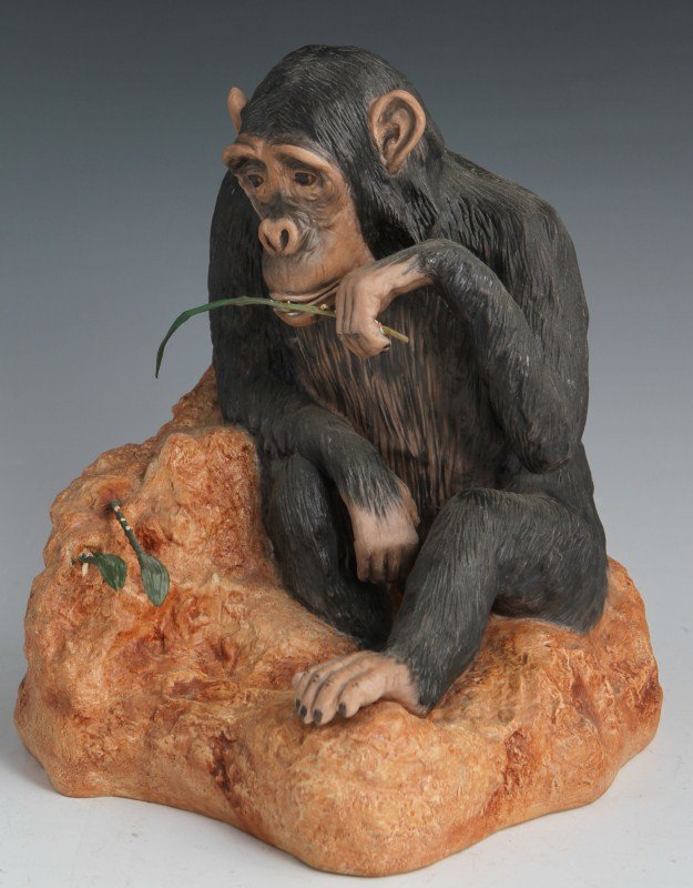 BOEHM BISQUE FIGURE 'FIFI' CHIMPANZEE: BOEHM BISQUE FIGURE 'FIFI' CHIMPANZEE Hand painted bisque ceramic honoring Dr. Jane Goodall for 30 years of research at Gombe National Park, Tanzania, Africa. Fifi the chimp is seated beside a termite