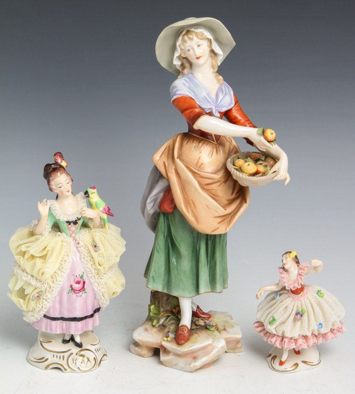 LOT OF 3 FEMALE PORCELAIN FIGURES: LOT OF 3 FEMALE PORCELAIN FIGURES 3 porcelain ladies in various stances. 6 1/2" figurine is marked Dresden and has damage to lace. Size: 3 1/2", 6 1/2" , & 10 1/4"