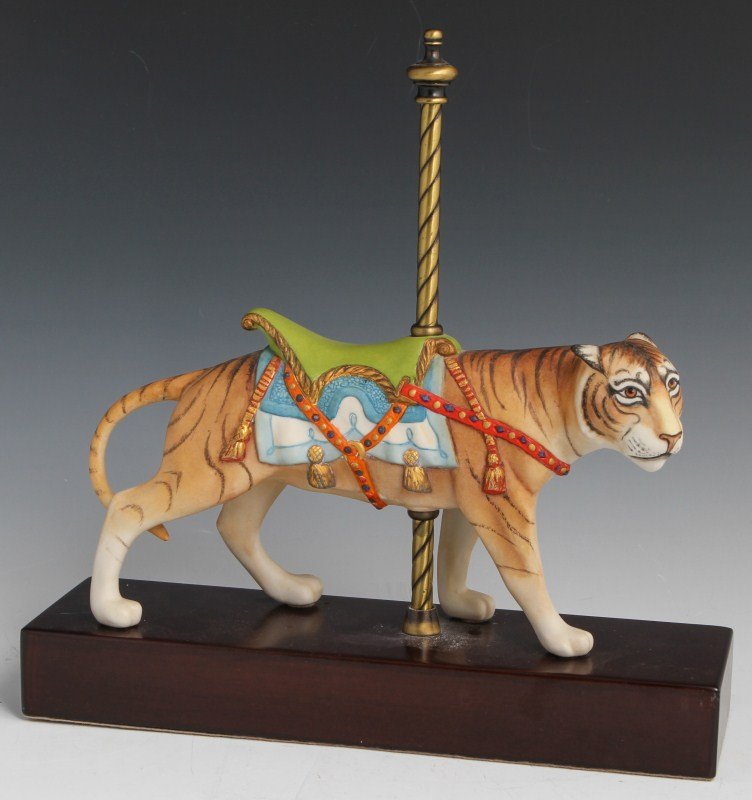 CYBIS PORCELAIN CAROUSEL TIGER #36: CYBIS PORCELAIN CAROUSEL TIGER #36 Porcelain carousel tiger fingurine by Cybis with ornate saddle decoration. Size: 12" by 12"
