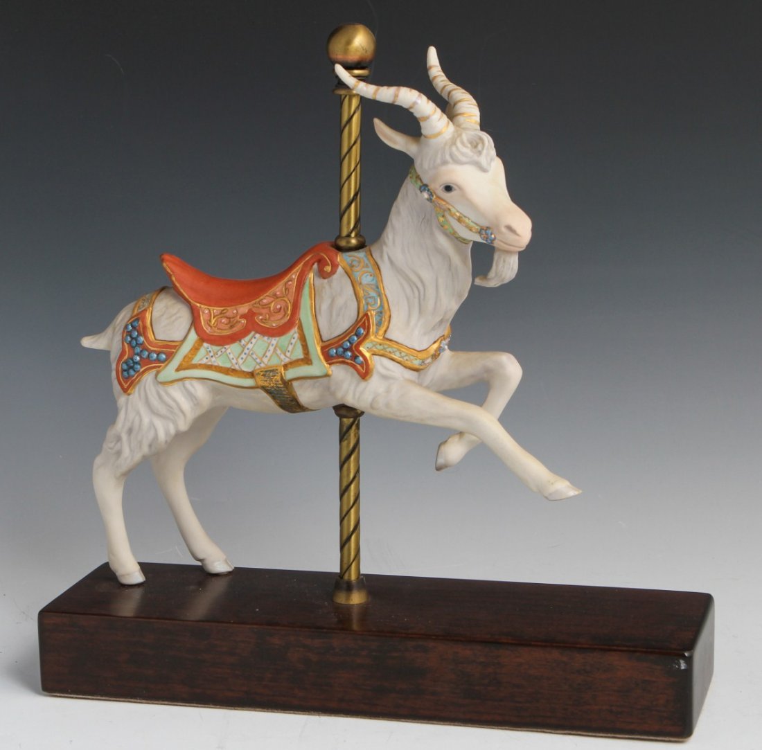 CYBIS PORCELAIN CAROUSEL GOAT #36: CYBIS PORCELAIN CAROUSEL GOAT #36 Porcelain carousel goat figurine by Cybis. Goat is posed in a leaping motion. Size: 12" by 12"