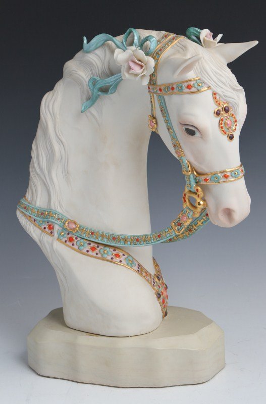 CYBIS PORCELAIN WHITE HORSE HEAD #382: CYBIS PORCELAIN WHITE HORSE HEAD #382 Porcelain horse head figurine by Cybis. White horse head with blue eyes and ornate floral bridle. Size: 13" by 10"