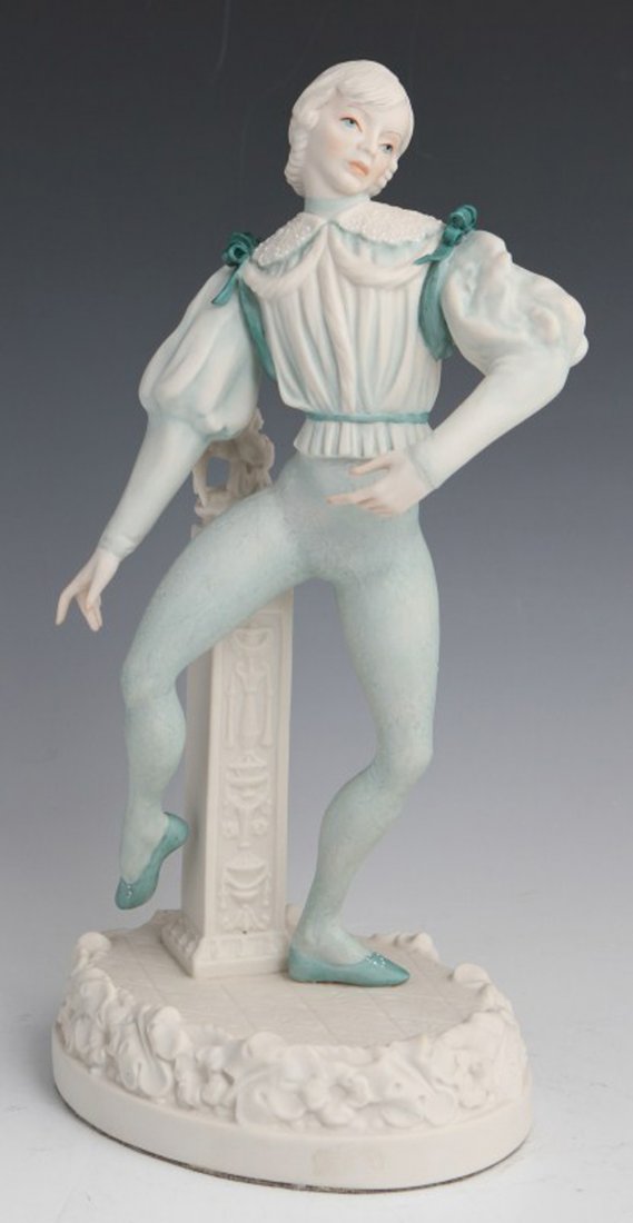 CYBIS PORCELAIN ENAMORED PRINCE FIGURINE #48: CYBIS PORCELAIN ENAMORED PRINCE FIGURINE #48 Porcelain figurine of "The Enamored Prince" by Cybis. Coloration is in cream and muted greens. Size: 11.5"