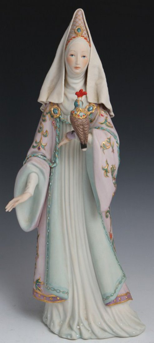 CYBIS PORCELAIN LADY BERENGARIA #298: CYBIS PORCELAIN LADY BERENGARIA #298 Porcelain figurine of Lady Berengaria (wife of King Richard), by Cybis. Her attire is decorated with a repeating leaf pattern. Size: 15"