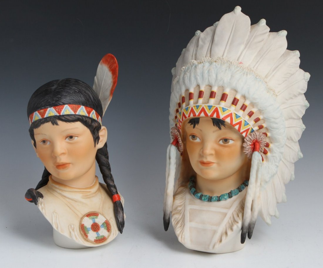 LOT OF 2 CYBIS PORCELAIN INDIAN BOY AND GIRL HEADS: LOT OF 2 CYBIS PORCELAIN INDIAN BOY AND GIRL HEADS Lot of one boy Indian head (Little Eagle) figurine, and one girl Indian head (Running Deer) figurine. Boy is adorned with a head dress, and girl has