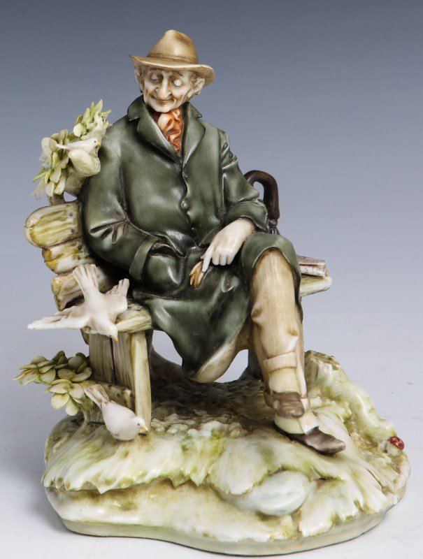 BORSATO BOULEVARDIER SIGNED PORCELAIN FIGURE: BORSATO BOULEVARDIER SIGNED PORCELAIN FIGURE Porcelain figure by Antonio Borsato, made in Italy. Boulevardier, #906. Older gentleman seated on bench with birds. Figure is signed and stamped on the bot