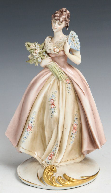 BORSATO LADY WITH FAN SIGNED PORCELAIN FIGURE: BORSATO LADY WITH FAN SIGNED PORCELAIN FIGURE Porcelain figure by Antonio Borsato, made in Italy. Lady with Fan. Young lady in formal dress holding a bouquet and a fan. Figure is stamped on the bottom