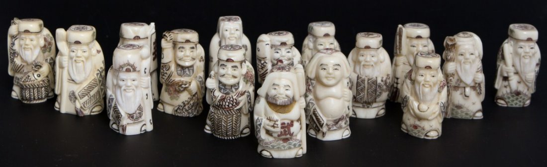 LARGE LOT OF MODERN CARVED IVORY NETSUKES: LARGE LOT OF MODERN CARVED IVORY NETSUKES Lot of 24 carved ivory netsuke male figures. All are signed at the base. Size: 2" Weight: 504.6g