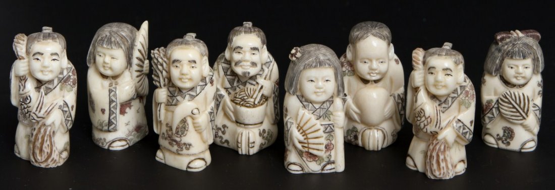LOT OF 8 MODERN CARVED IVORY NETSUKE: LOT OF 8 MODERN CARVED IVORY NETSUKE Lot of 8 to include male and female figures. All 8 have etched hair and visible facial features. With etched and stained kimonos. Signed at base. Size: 2" Weight: 
