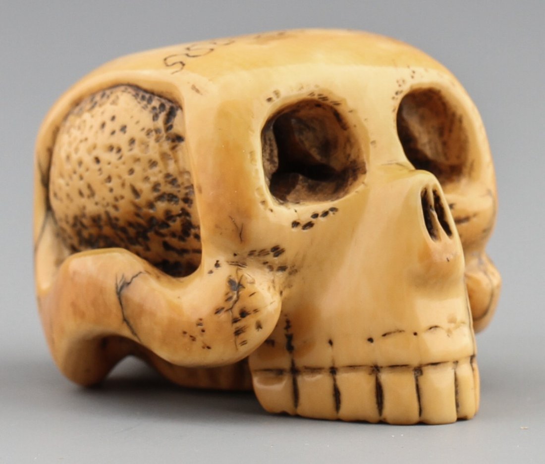 JAPANESE CARVED IVORY NETSUKE SKULL TAMAYAMA: JAPANESE CARVED IVORY NETSUKE SKULL TAMAYAMA Japanese carved ivory netsuke of skull, detailed with even patina and some age cracks, Signed "Tama-yama." Size: 1 3/4"l Weight: 42g