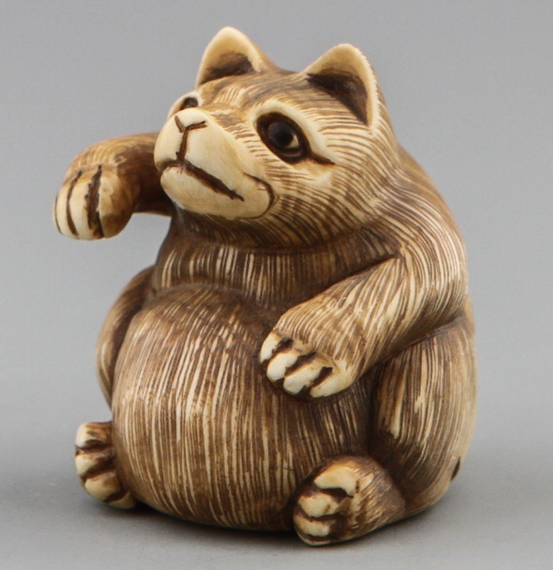 JAPANESE CARVED IVORY NETSUKE TANUKI BAISHU: JAPANESE CARVED IVORY NETSUKE TANUKI BAISHU Early 20th century Japanese ivory carved netsuke of a pudgy Tanuki drumming his belly. Monochromed detail, signed Baisho. Size: 1 1/8"h Weight: 21g
