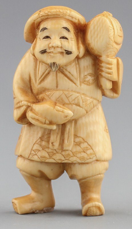 JAPANESE CARVED IVORY NETSUKE DIAKOKU: JAPANESE CARVED IVORY NETSUKE DIAKOKU Japanese carved ivory netsuke figure of Daikoku. No signature. Size: 2 x 1 x .75" Weight: 17.6g