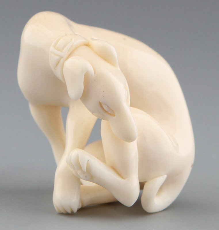 JAPANESE CARVED IVORY NETSUKE FIGURE OF DOG: JAPANESE CARVED IVORY NETSUKE FIGURE OF DOG Japanese carved ivory netsuke figure of a dog, seated and looking back over left leg. No signature. Size: 2 x 1.5 x 1" Weight: 30g
