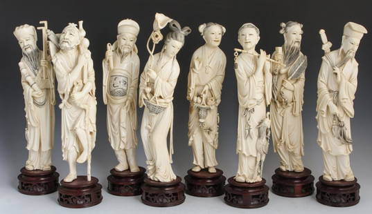 CHINESE CARVED IVORY EIGHT IMMORTALS: LARGE SET OF CHINESE CARVED IVORY EIGHT IMMORTALS Extraordinary impressive set of eight Chinese immortals carved of ivory, each set on a carved wooden base. All eight Immortals have had enormous atten