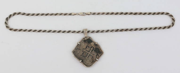 SPANISH SHIPWRECK 4 REAL COIN PENDANT AND NECKLACE: 4 REAL Shipwreck coin on silver necklace. 18" chain. 50 GRAMS. Must be paid by Certified Check, money order, or wire transfer ($15 fee). NO CREDIT OR PERSONAL CHECK PAYMENTS FOR THESE ITEMS.