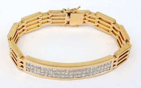 18K YELLOW GOLD 2 CARAT DIAMOND BRACELET: 18K yellow gold Princess cut diamond link bracelet. 10.4 mm wide x 19 cm / 7.5" long. Set with seventy princess cut diamonds. G color Vs clarity. 2.1 carat total. 53.1GRAMS. Must be paid by