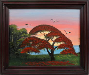 AL BLACK FLORIDA HIGHWAYMEN ROYAL POINCIANA: Black, Albert “Blood” (1947-2025) Florida Highwaymen Painting. Oil on canvas board - signed lower right. Executed in brush. This painting glows with warmth—deep red Royal