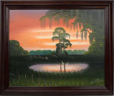AL BLACK FLORIDA HIGHWAYMEN EVERGLADES TWILIGHT: Black Albert “Blood” (1947-2025) Florida Highwaymen Painting. Oil on Masonite - signed lower right. Executed in brush. The painting unfolds like a dream—the open water cradled by
