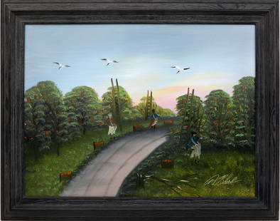 AL BLACK FLORIDA HIGHWAYMEN ORANGE GROVE: Black Albert “Blood” (1947-2025) Florida Highwaymen Painting. Oil on Masonite - signed lower right and on verso. Executed in brush. The painting hums with industry—crates of