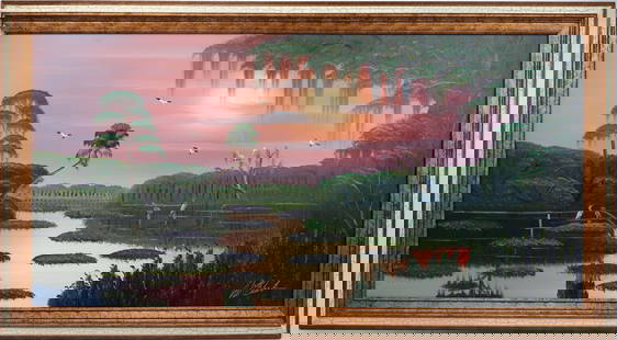 AL BLACK FLORIDA HIGHWAYMEN HARMONY IN PARADISE: Black Albert “Blood” (1947-2025) Florida Highwaymen Painting. Oil on Masonite - signed lower right. Executed in brush. Daylight dissolves into soft pinks and lavenders as night