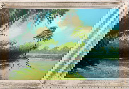 ALFRED HAIR FLORIDA HIGHWAYMEN TIMELESS NATURE: Hair, Alfred (1941-1970) Florida Highwaymen Painting. Oil on Upson - signed lower right. Executed in brush and palette knife. The massive tree serves as a commanding focal point, its moss-laden