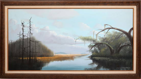 CHARLES WALKER FLORIDA HIGHWAYMEN RIVER: Walker, Charles (1946-2022) Florida Highwaymen Painting. Oil on canvas - signed lower right 86. Executed with brush. The painting captures the Everglades’ quiet grandeur—golden grasses