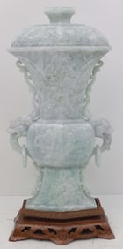 QUING DYNASTY ARCHAIC PALE GREEN JADE DRAGON URN
