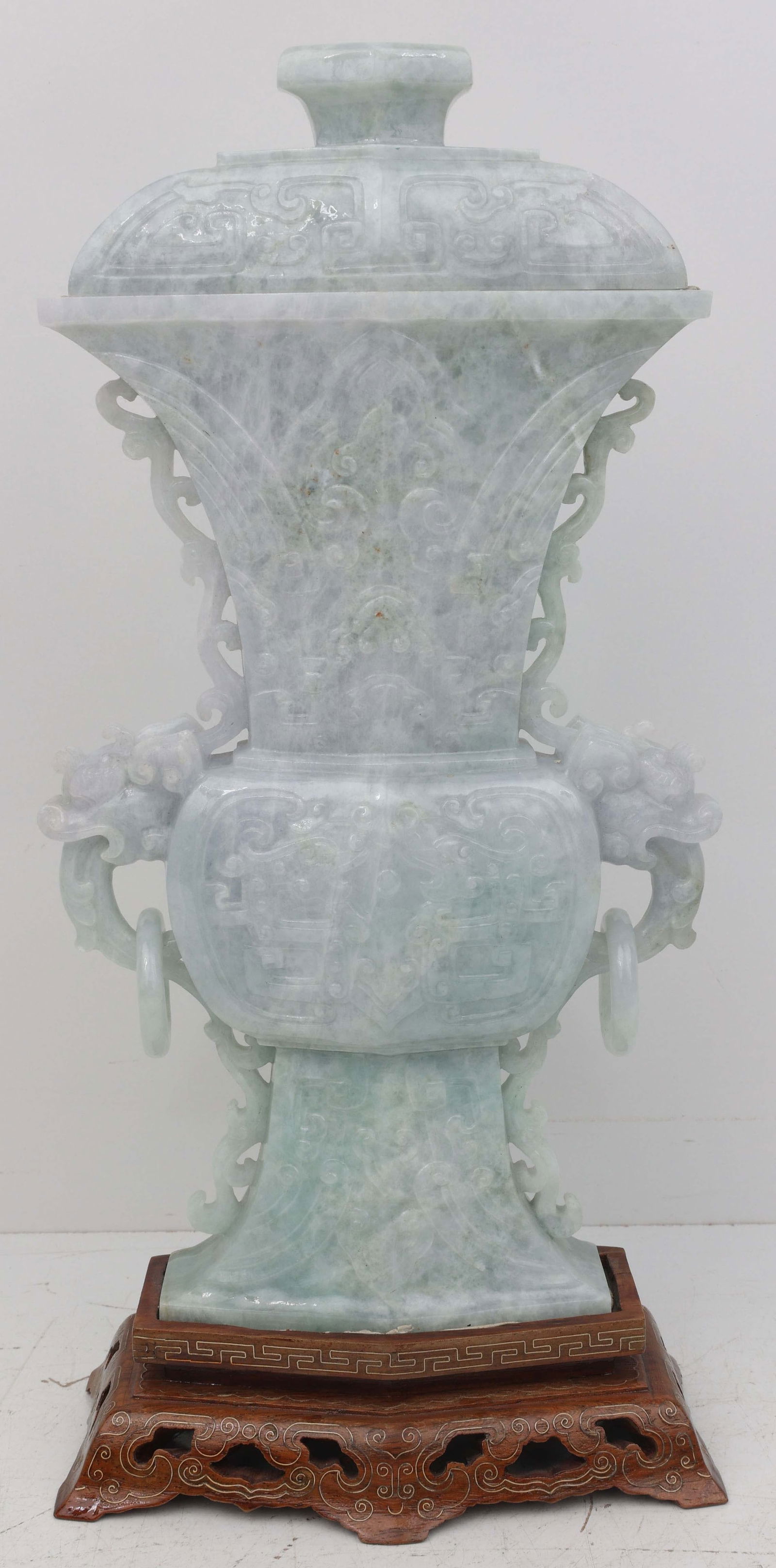 QUING DYNASTY ARCHAIC PALE GREEN JADE DRAGON URN (1 of 3)
