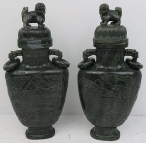 QUING SPINACH JADE BALUSTER VASE SCHOLAR MOTIF