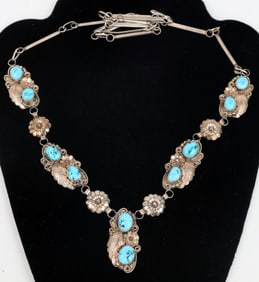 SILVER TURQUOISE SQUASH BLOSSOM  NECKLACE