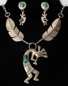 SILVER TURQUOISE KOKOPELLI NECKLACE AND EARRINGS