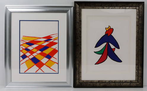 LOT OF TWO ALEXANDER CALDER LITHOGRAPHS: Calder, Alexander (1898-1976) American Artist. Lithograph on Paper - Unsigned. COA provided. Lot one, titled "DLM190- Composition II" showing the organization of elements such as lines, shapes, colors