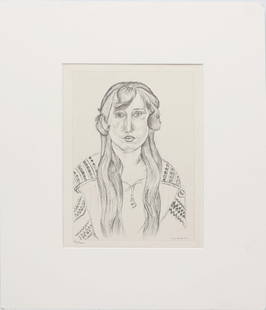 HENRY MATISSE PORTRAIT OF A WOMAN LITHOGRAPH: Henri Matisse ( 1869-1954) Original Offset Lithograph on Paper - signed lower right. This lithograph portrait is an "after" of one of the etched pages of Matisse' book"Cinquante Dessins". Paper measur