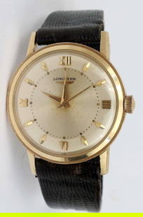 14K MENS LONGINES WATCH: Men's Longines leather strap watch. 14k yellow gold, 33 mm case. Curved resin crystal, fine working condition, dial cleaning recommended. 30.7 grams total. Condition: Fine