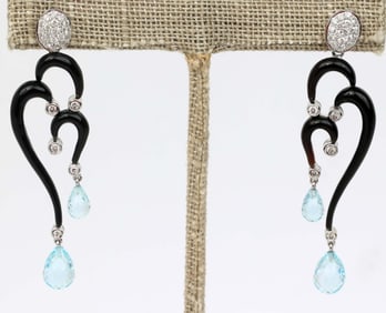 18K LADIES ONYX DIAMOND ART NOUVEAU EARRINGS