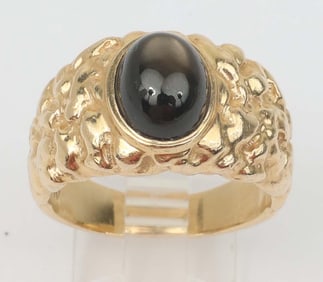 14K MENS NUGGET RING NATURAL BLACK CATS EYE