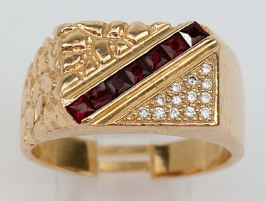 14K MENS NUGGET SAPPHIRE DIAMOND RING
