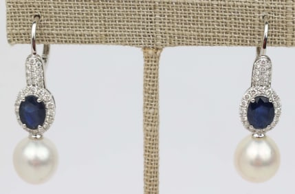 14K LADIES DIAMOND SAPPHIRE EARRINGS WITH PEARL