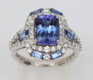 18K LADIES CUSHION CUT TANZANITE DIAMOND RING