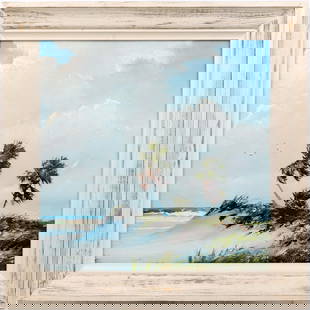 HAROLD NEWTON FLORIDA HIGHWAYMEN GHOSTS OF RIO MAR: Newton, Harold (1934-1994) Florida Highwaymen Painting. Oil on Transitional Masonite - signed lower right. Rendered in intertwined brush and palette. A sublime south facing Rio Mar and it's trinity of