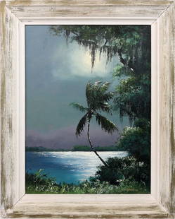 HAROLD NEWTON FLORIDA HIGHWAYMEN TIDAL INTERLUDE: Newton, Harold (1934-1994) Florida Highwaymen Painting. Oil on Orange Peel Upson - signed lower right. Wrought in palette knife upon a field of brushstrokes. A celestial romance of color and texture p