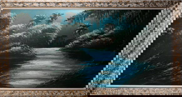 JAMES GIBSON FLORIDA HIGHWAYMEN MOONLIT MARVEL: Gibson, James (1938-2017) Florida Highwaymen Painting. Oil on Upson - signed lower right and verso. Executed in palette knife upon a field of brushwork. An intensely concentrated early creation rich w