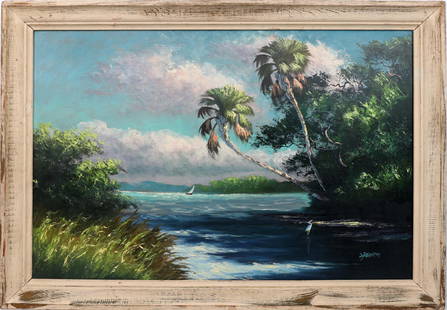 LIVINGSTON ROBERTS FLORIDA HIGHWAYMEN MASTERPIECE: Roberts, Livingston &#8220;Castro&#8221; (1942-2004) Florida Highwaymen Painting. Oil on Upson - signed lower right. Expertly incised in full palette knife. A comprehensive search of Livingston Robert