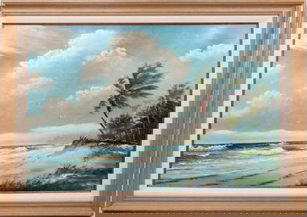 SAM NEWTON FLORIDA HIGHWAYMEN SHORELINE REALISM: Newton, Samuel (B.1948) Florida Highwaymen Painting. Oil on Transitional Masonite - signed lower right 1992. Executed in brush and palette knife. A stunning peak career realism shoreline. Painted in 1